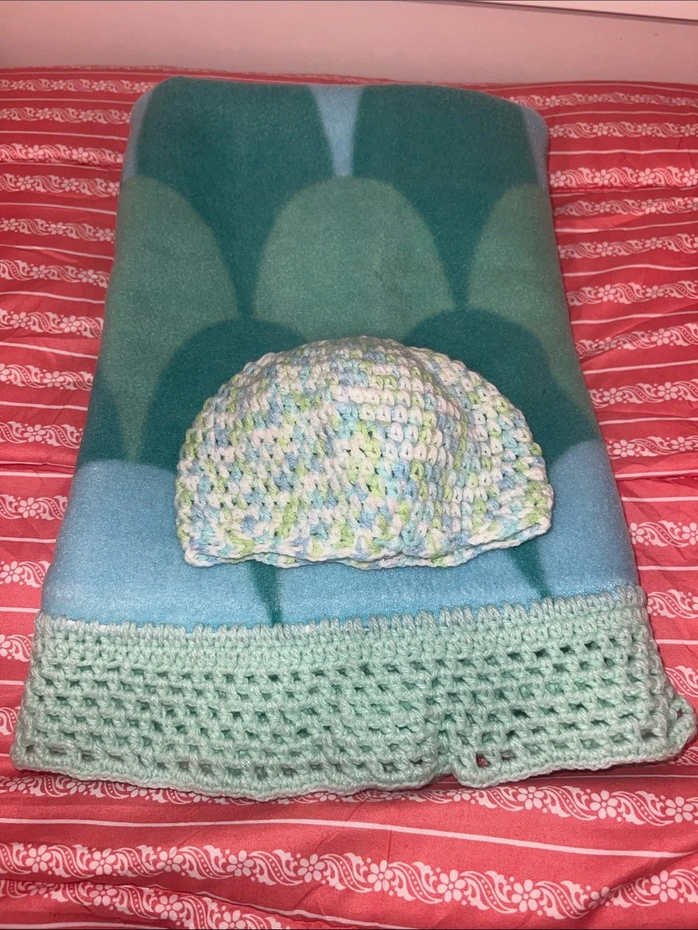 Handmade Baby Beanie and Blanket Set in Mint Blue Green